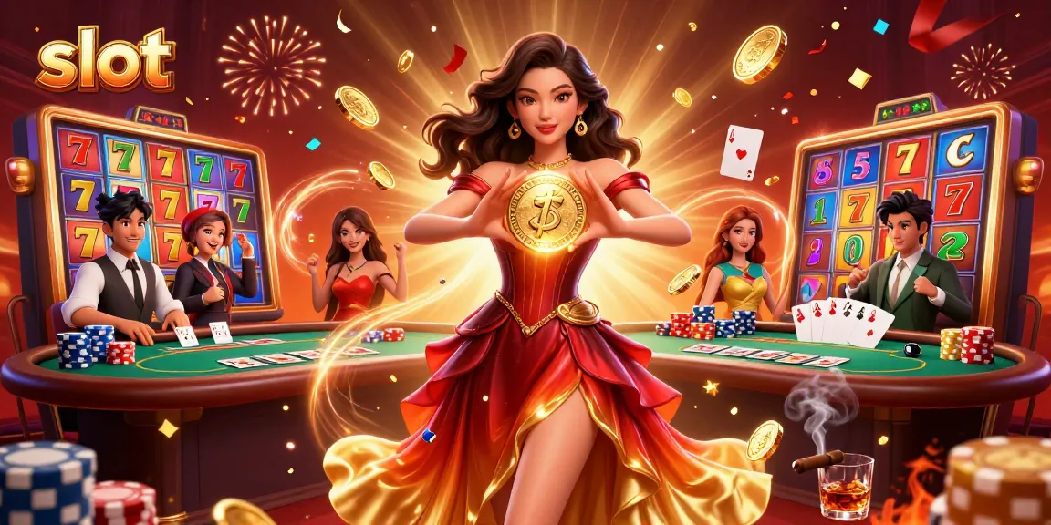 Experience thrilling slot action with a stunning Asian woman at a vibrant casino.