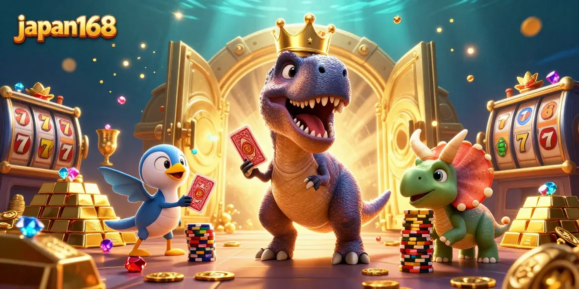 Experience the excitement of japan168 as a T-Rex shuffles cards in vibrant casino art.