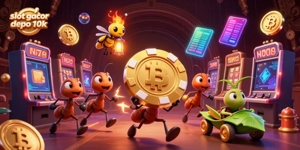 Slot gacor depo 10k menunjukkan tim semut 3D melaksanakan aksi perampokan dengan chip poker emas raksasa.