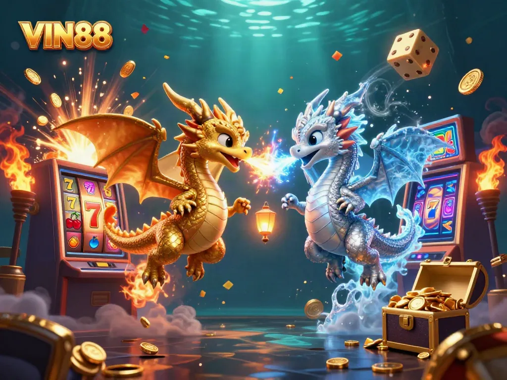 Experience the excitement of VIN88 with mythical dragons battling in a vibrant casino landscape.