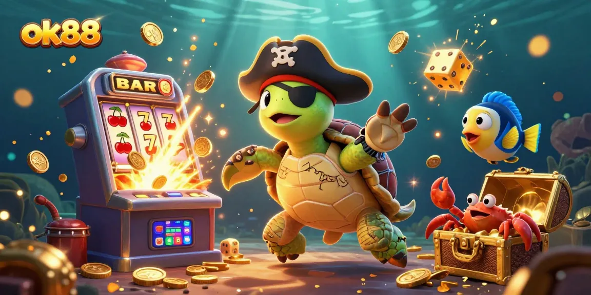 Experience the excitement of ok88 with a lively pirate turtle and vibrant casino elements in this action-packed illustration.