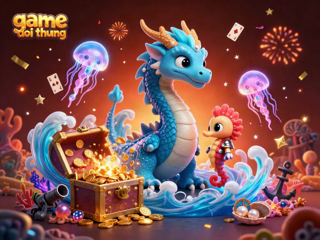 Experience thrilling gameplay with game bai doi thuong, featuring a dragon and seahorse knight in an underwater casino.