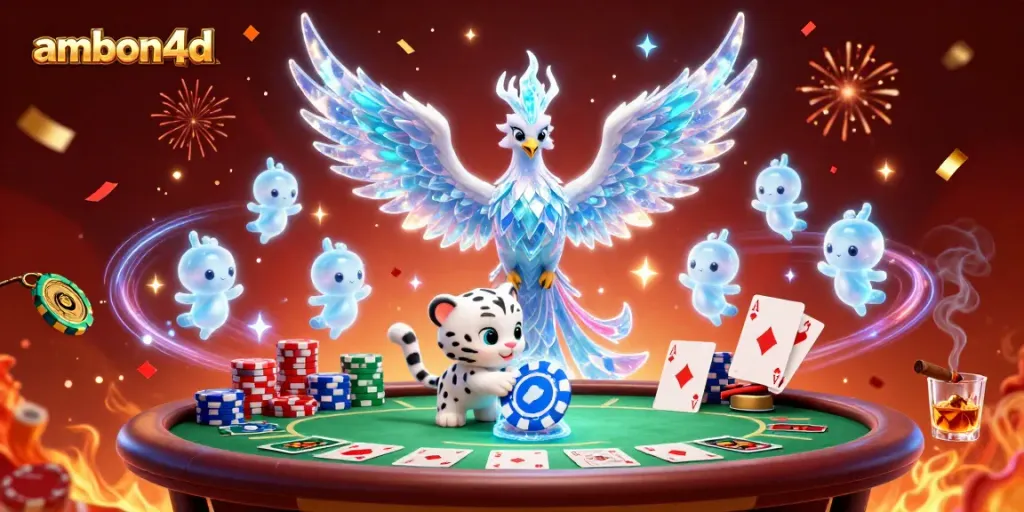 Experience the immersive gaming fun at ambon4d with a playful ice phoenix and snow leopard cub in a vibrant poker scene.