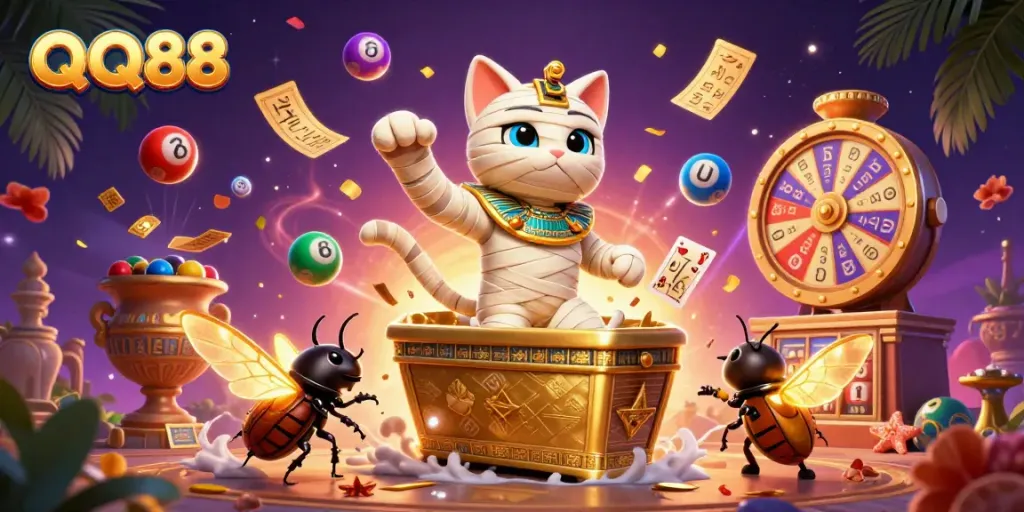 Engage with QQ88's thrilling atmosphere in a dynamic pyramid casino scene featuring vibrant games.