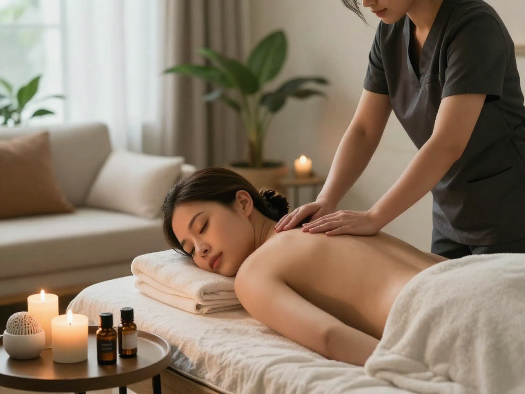 Relaxing 출장마사지 experience in a serene home environment with soft lighting and aromatherapy.
