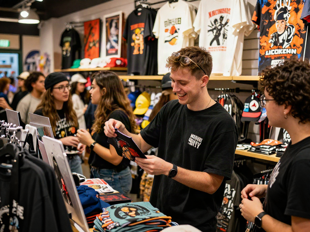 Youthful fan exploring exclusive rokok88 merchandise in vibrant store.