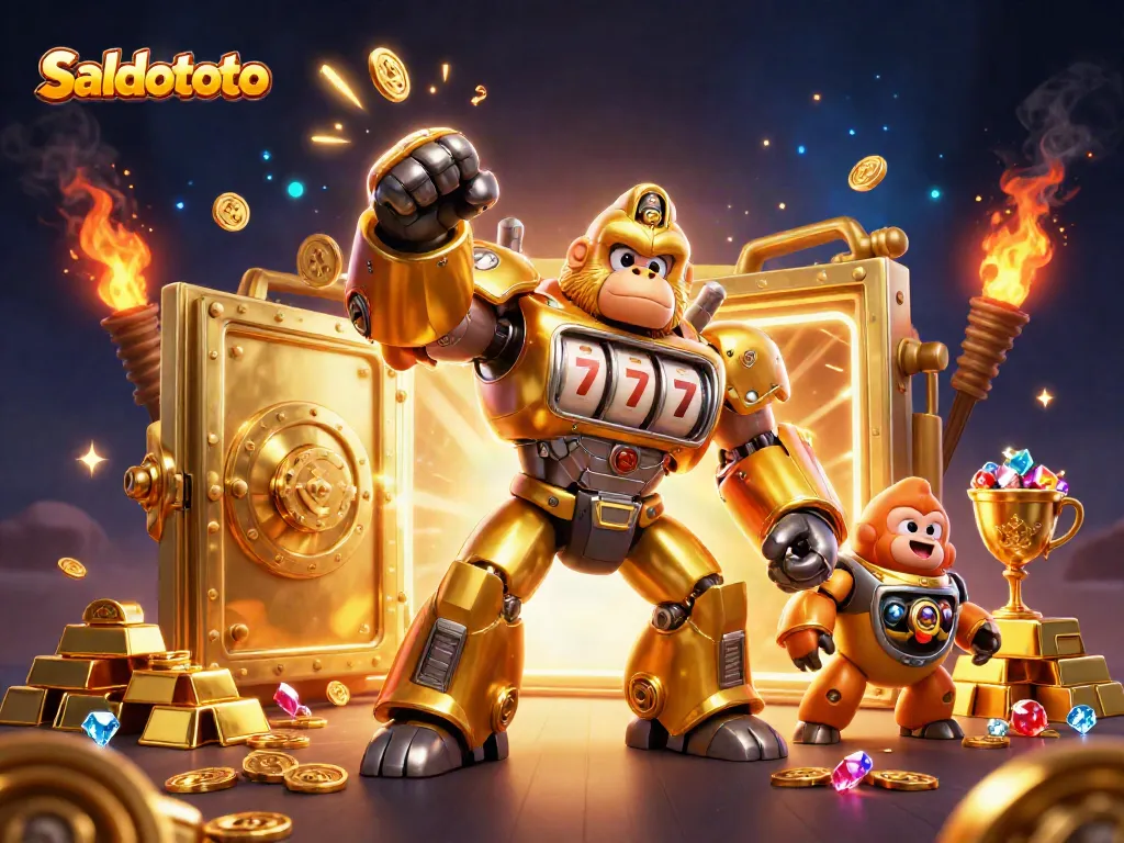 Saldototo menghadirkan karakter gorila emas dan mesin slot dalam ilustrasi 3D yang menarik.