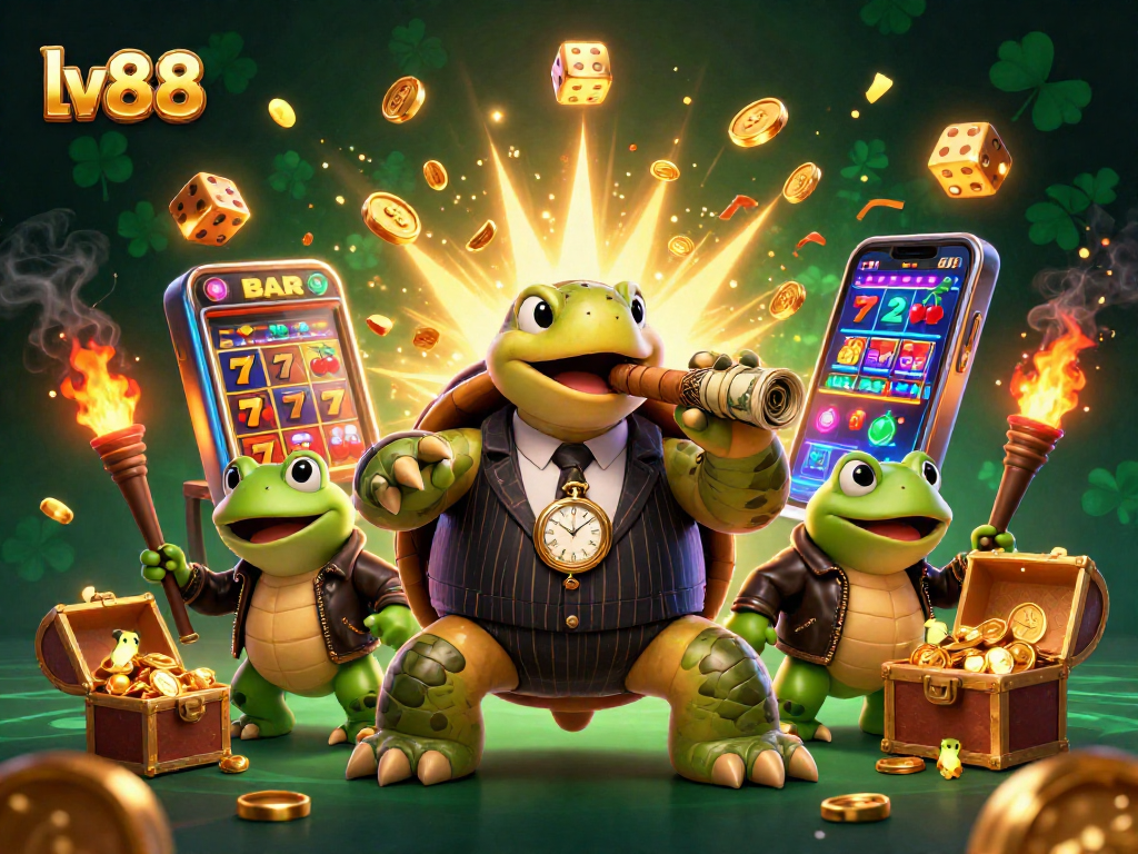 Win big with lv88 at a vibrant casino scene featuring a turtle mobster and frog enforcers.