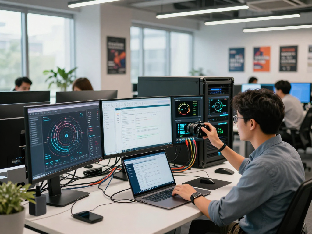 Configuración de hosting en México con profesional de TI en oficina moderna.