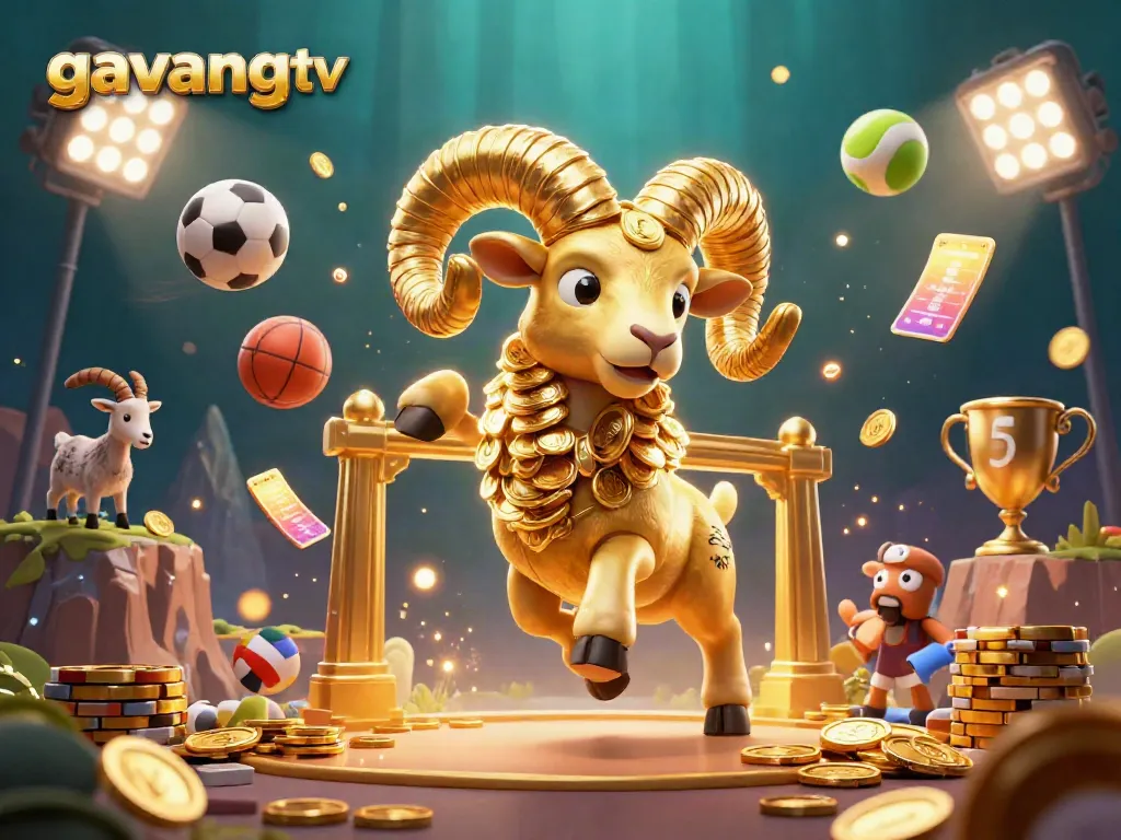 Experience the thrilling dynamism of gavangtv with a golden ram charging through a vibrant sports world.