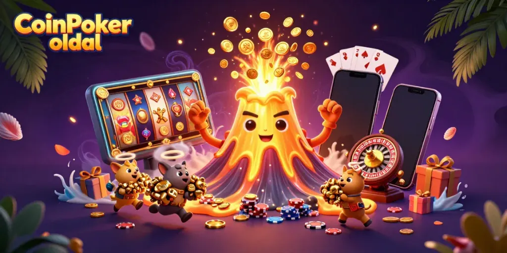 A CoinPoker oldal izgalmas jelenete, ahol egy aranyszínű vulkán kincseket ömleszt, miközben állatok menekülnek.