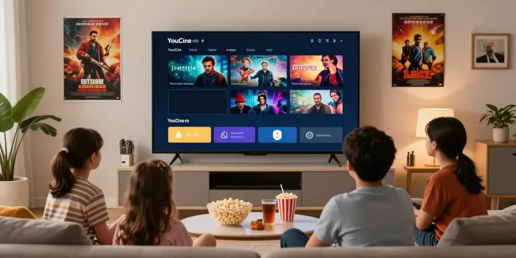 A família desfrutando do YouCine APK em casa, assistindo a filmes e séries em um sofá confortável. https://youcinetvapk.com/