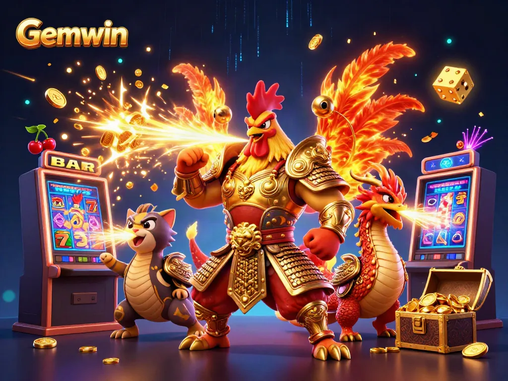 Experience thrilling gameplay with Gemwin's captivating 3D characters amidst a dazzling jackpot scene.