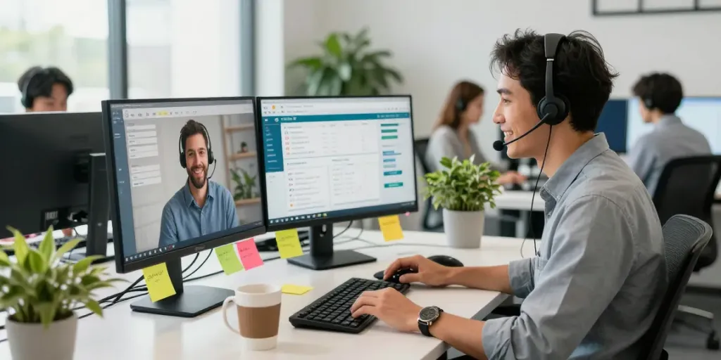 Live chat representative assisting customers with a friendly smile in a modern tech support office.