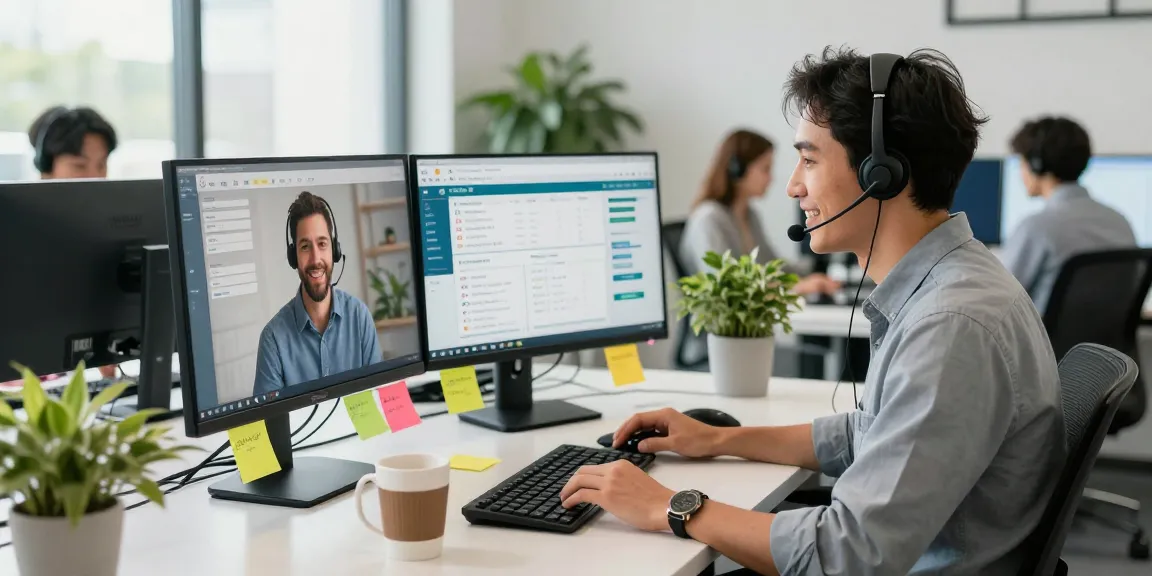 Live chat representative assisting customers with a friendly smile in a modern tech support office.