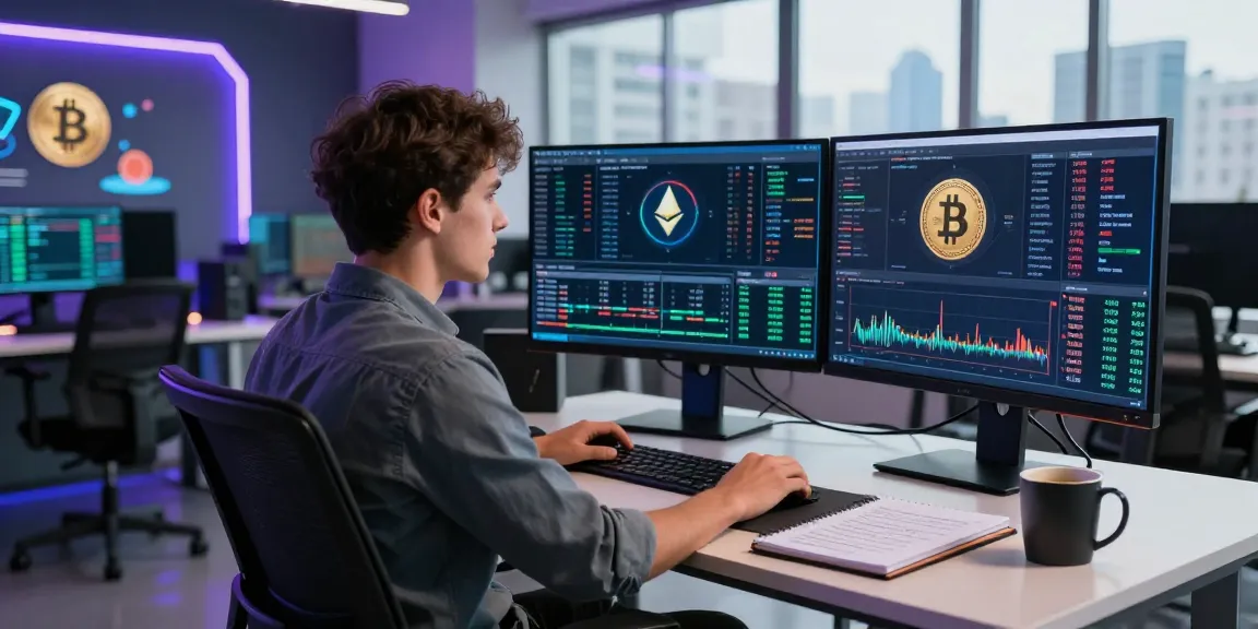 Engaged trader monitoring XXKK Crypto Exchange charts on multiple screens with dynamic data in a modern workspace