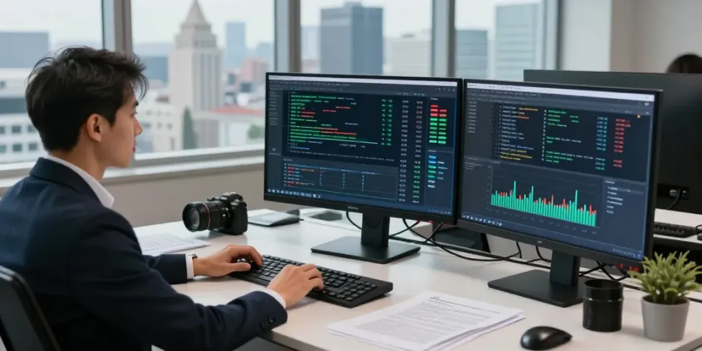 Professional analyzing cryptocurrency tracing data on multiple monitors in a modern office.