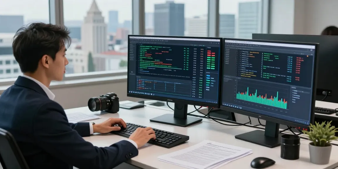Professional analyzing cryptocurrency tracing data on multiple monitors in a modern office.