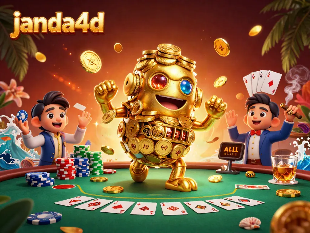 Menggulung koin emas yang mengorbit di sekitar janda4d, menonjolkan elemen poker dan suasana kasino.