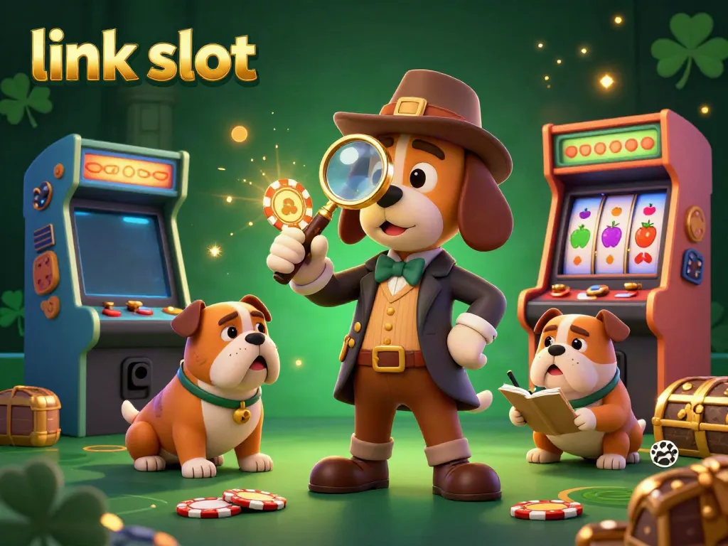 Explore the captivating link slot as a bloodhound detective uncovers golden poker chips amidst vibrant game machines.