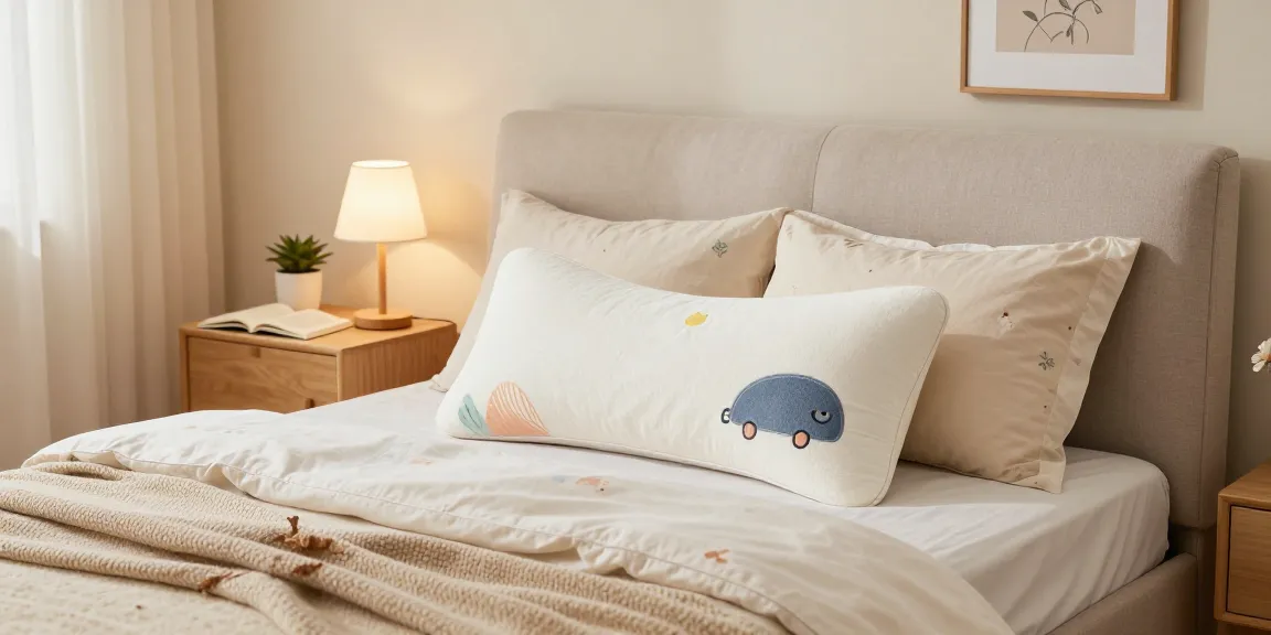 Custom body pillow styled in a cozy bedroom with soft bedding and warm light
