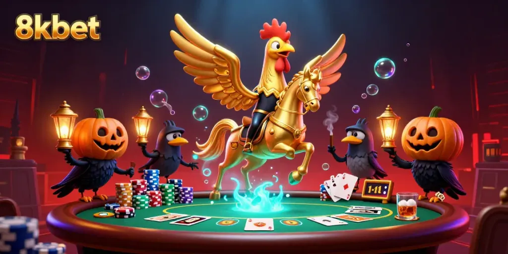 Experience the excitement of 8kbet with a golden rooster headless horseman amidst vibrant casino elements.