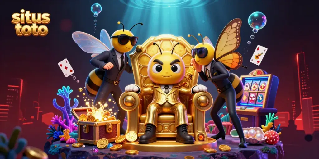 Engage with situs toto through a lively 3D casino scene with a bumblebee mob boss and treasure elements.
