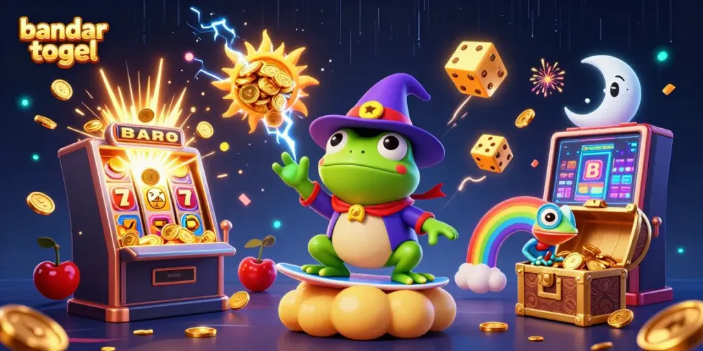 Engage in bandar togel excitement with a vibrant, magical 3D illustration of characters and gaming symbols.
