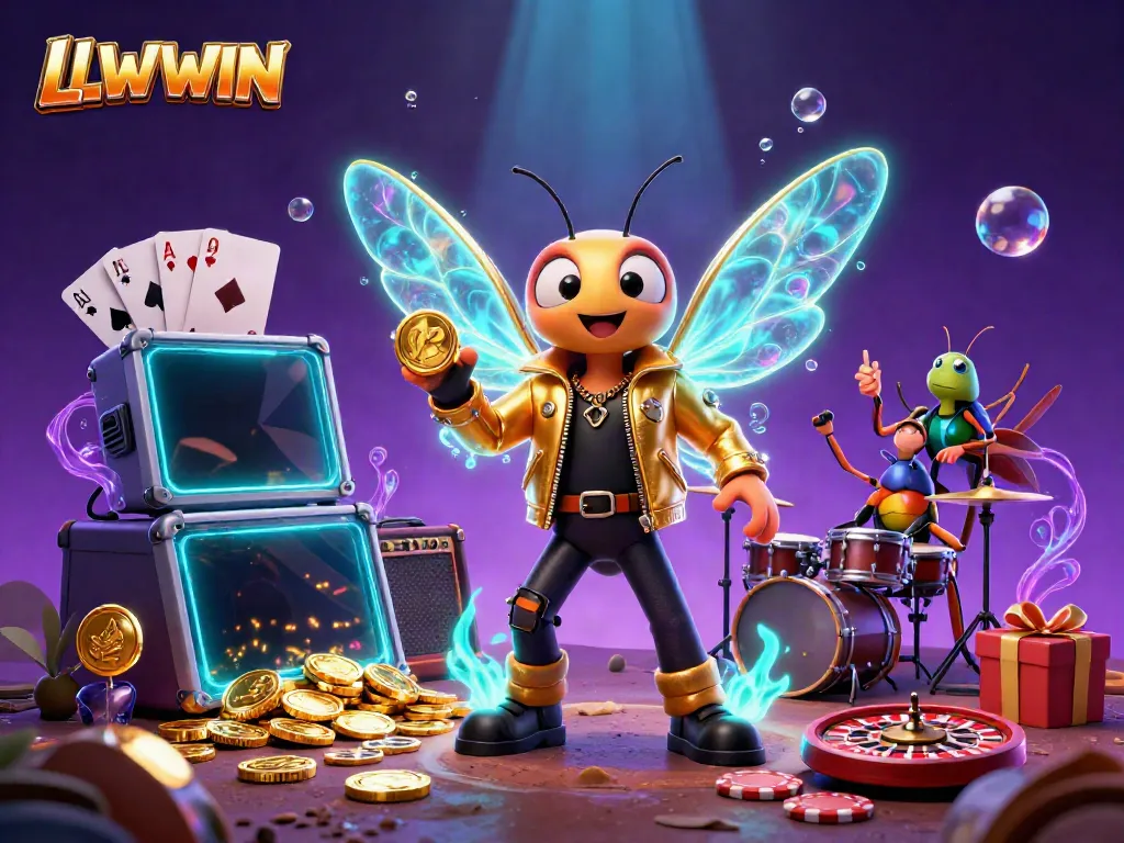 Engage in the thrilling chisels of LLWWIN with a vibrant 3D illustration featuring rockstar characters and exciting casino elements.