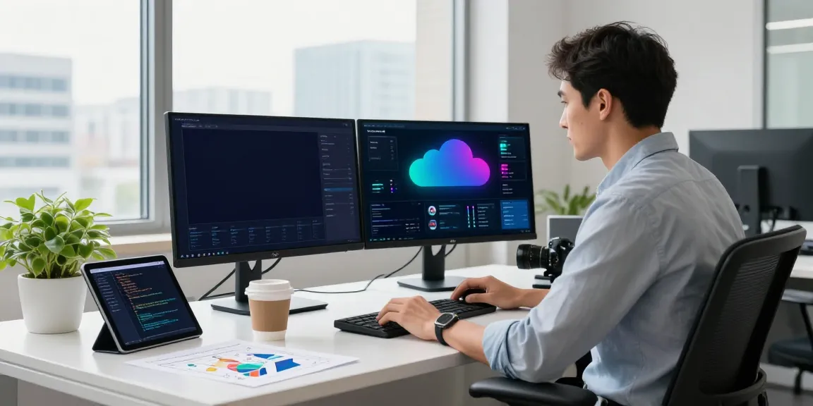 Azure cloud managed services workspace with engineer analyzing metrics on dual monitors in a modern office.