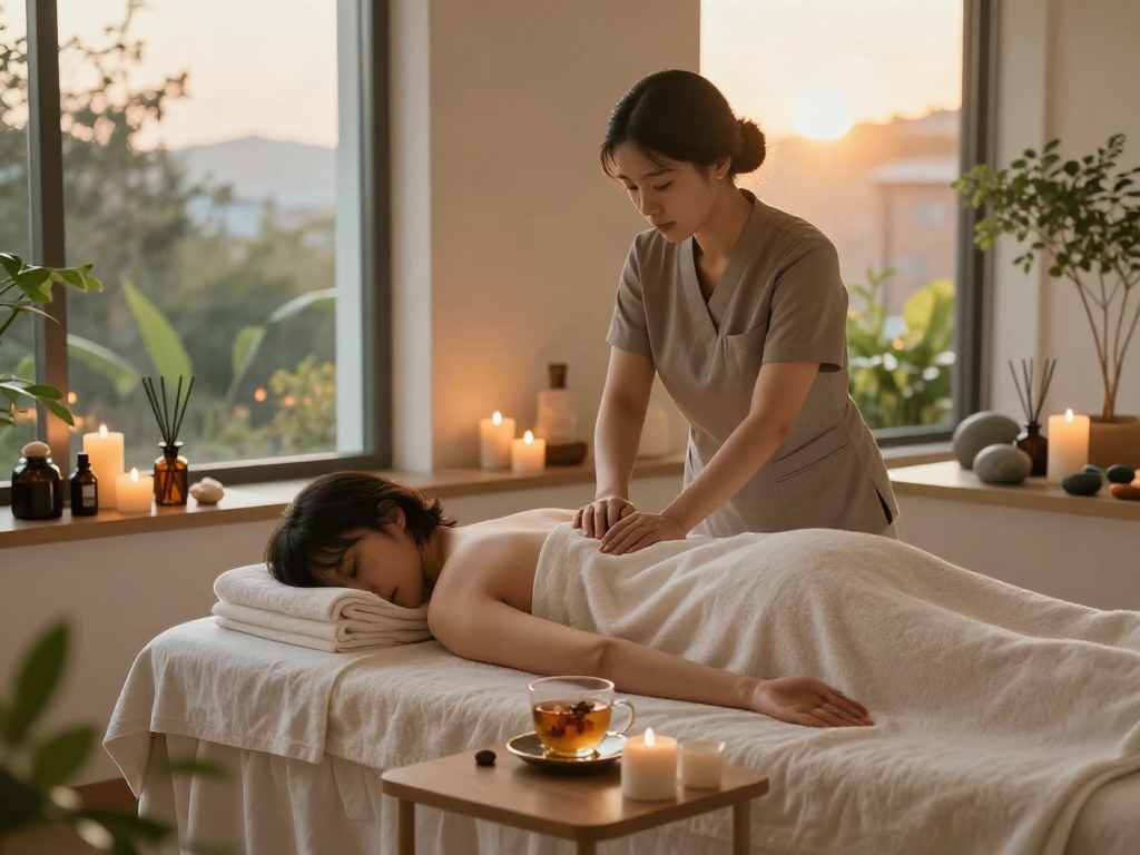 Relaxing 서울출장마사지 in a luxury spa with natural light and soothing decor.