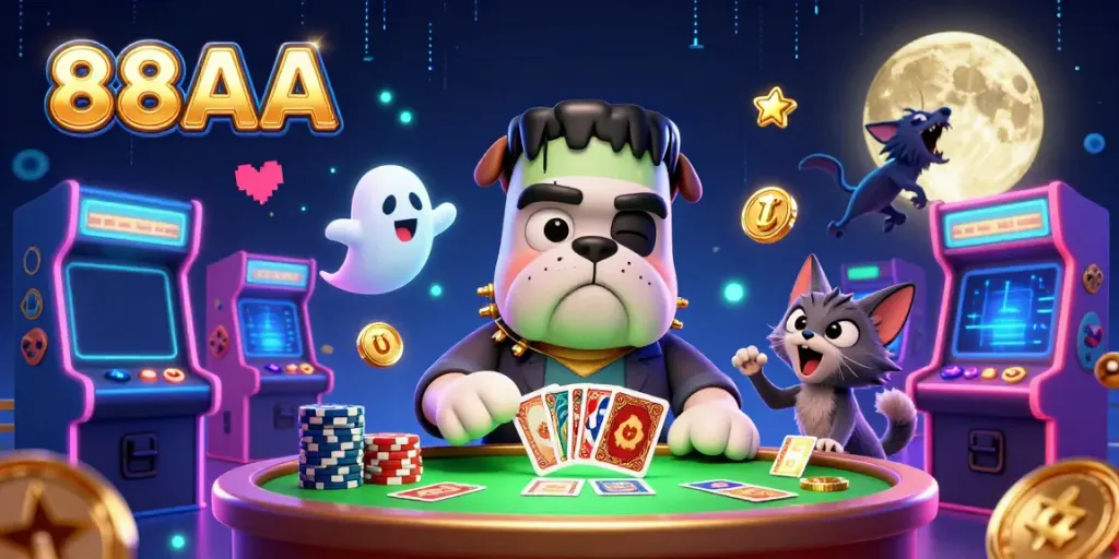 Engage in thrilling card games at 88AA with playful casino characters and vibrant game machines.