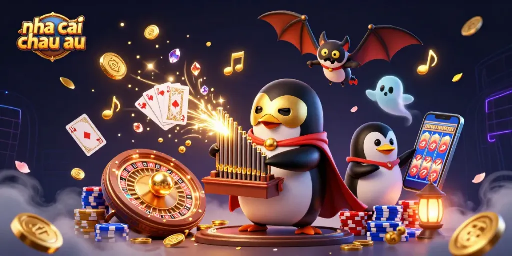 Cá cược tại nhà cái châu Âu với những chú chim cánh cụt ma mị và các yếu tố casino hấp dẫn.