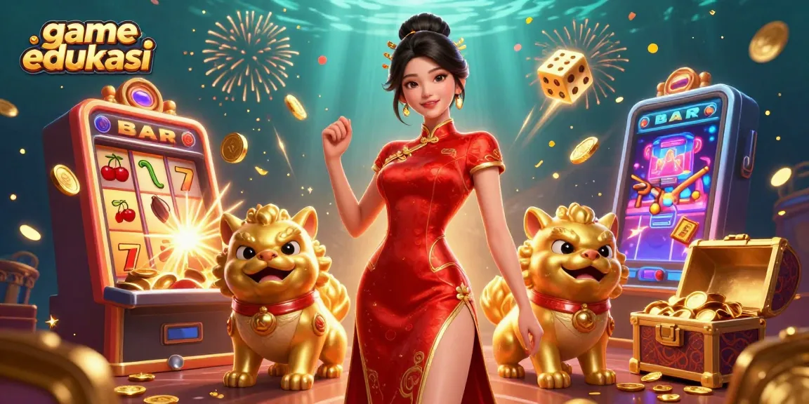Experience thrilling game edukasi with a glamorous Asian woman and golden foo dogs in a vibrant casino.