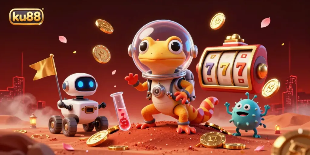 ku88's Martian gecko uncovers a hidden casino on Mars, surrounded by gaming treasures and excitement.
