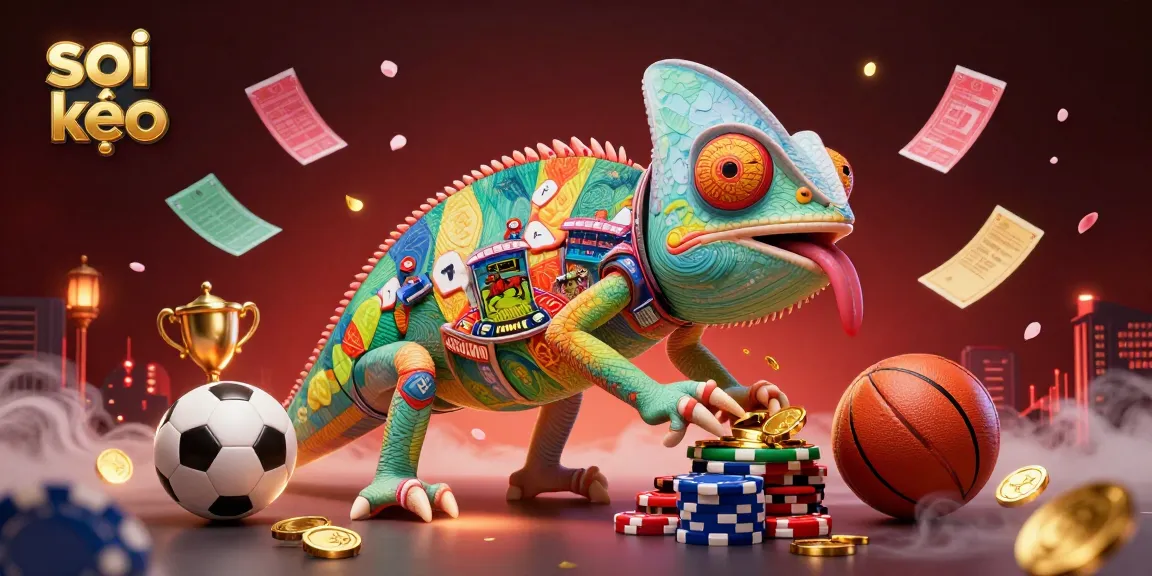 Bet on sports with soi kèo and enjoy a vibrant casino scene featuring an animated chameleon and dynamic game elements.