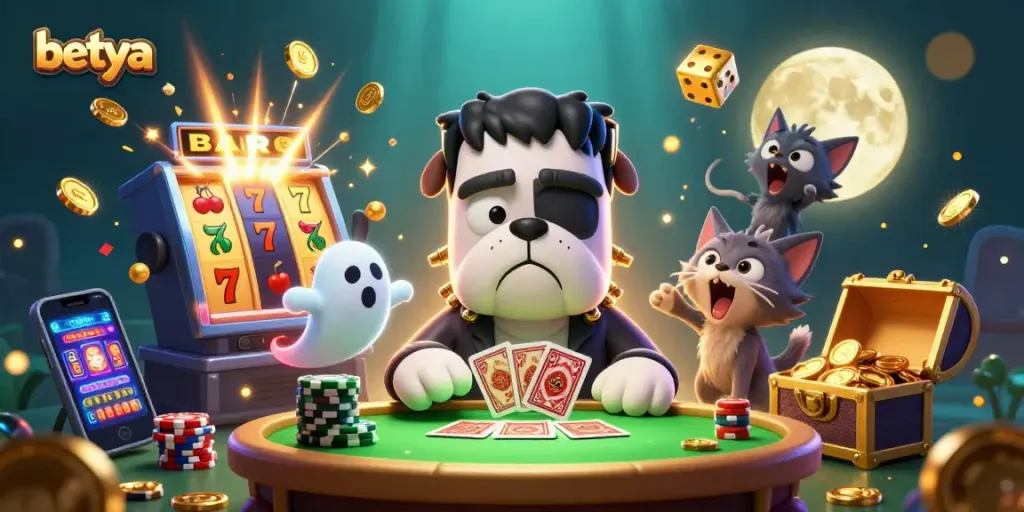 Engage in betting action with betya as a 3D bulldog monster deals cards in a lively casino scene.