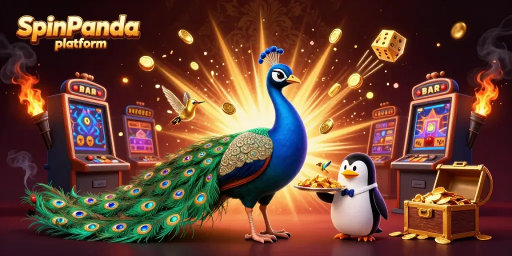 Spil på SpinPanda platform med en luksuriøs 3D illustration af farverige karakterer og spillelementer.