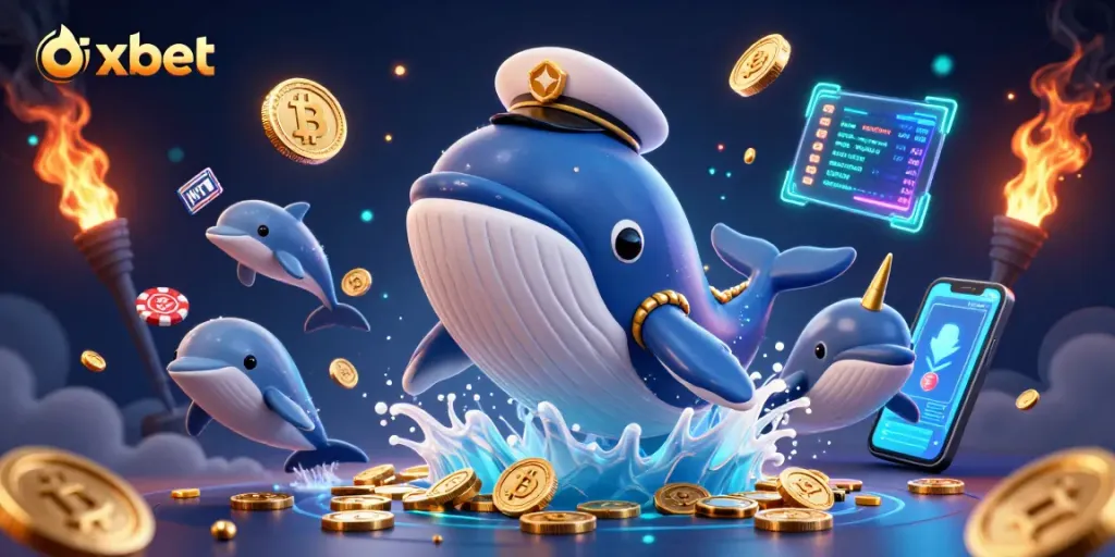 Experience the excitement of oxbet as vibrant characters navigate a treasure of coins and crypto elements.