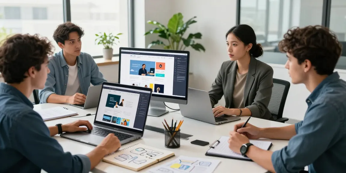 Sanumwebdesign team collaborating in a modern office, showcasing website designs.