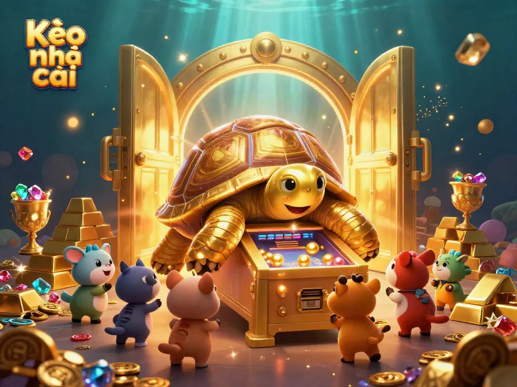 Engage with Kèo nhà cái as a golden tortoise pinball machine delights eager players in a treasure-filled casino.