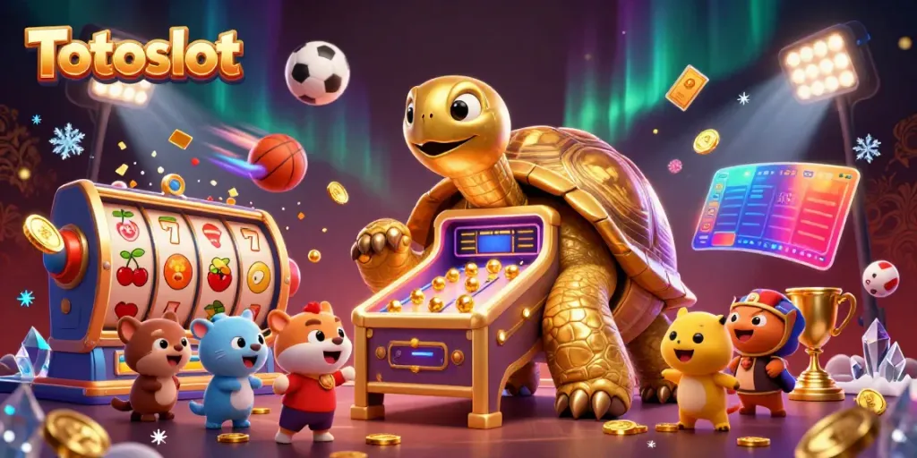 Totoslot menghadirkan pengalaman bermain slot yang menarik dengan tortoise emas dan simbol keberuntungan.