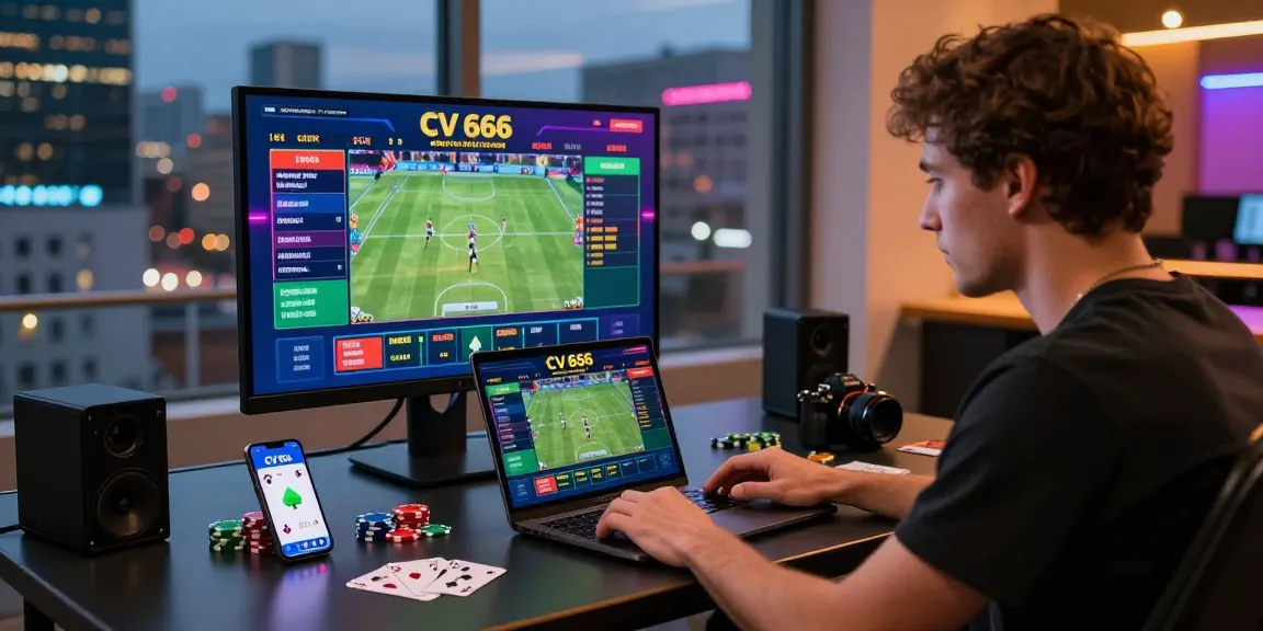 Engaging user betting on CV 666 online casino platform with vibrant sports visuals and energetic urban backdrop.