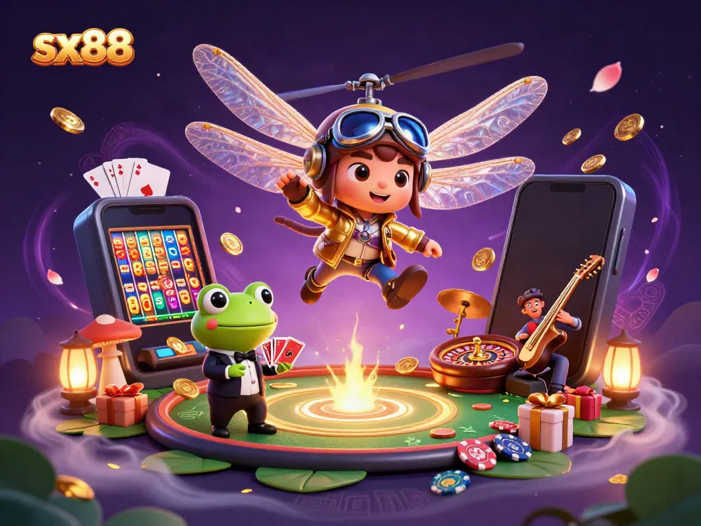 Experience the excitement of sx88 casino gaming with vibrant characters and dynamic elements in a magical scene.