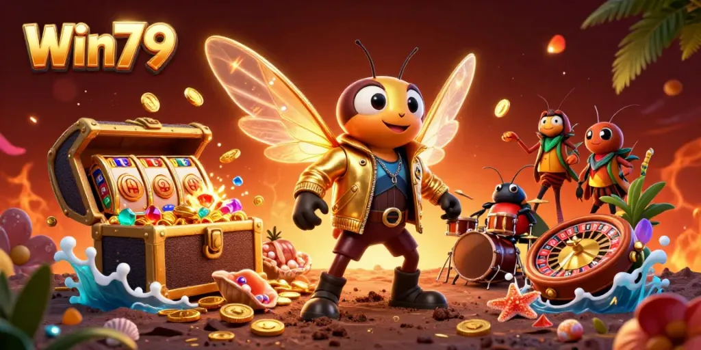 Win79 engaging in thrilling gameplay with rock star characters, surrounded by casino elements and vibrant visuals.