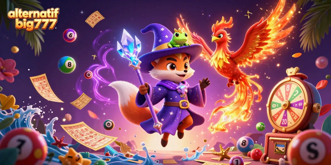 Enter the world of alternatif big777 with this vibrant 3D illustration of a wizard, phoenix, and lottery elements.