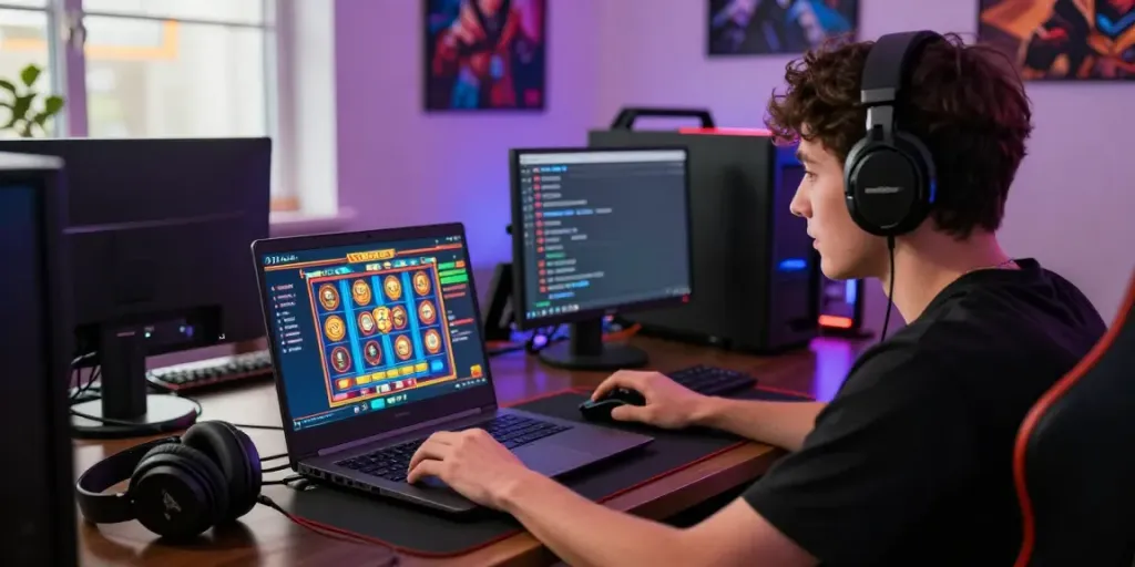 Engaged player enjoying judi slot online on a sleek laptop in a vibrant gaming room.