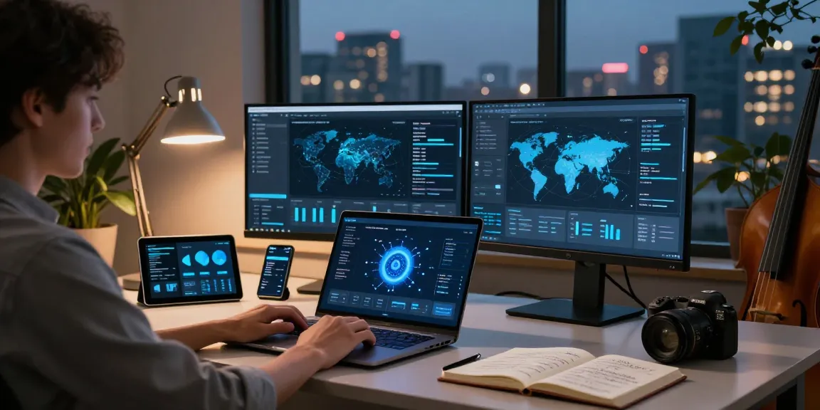快连 user working in a modern home office with sleek tech setup and network analytics displayed.