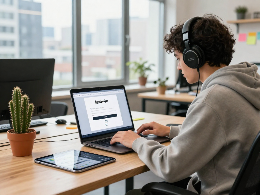 Engaged developer completing the lavowin login at a modern workspace