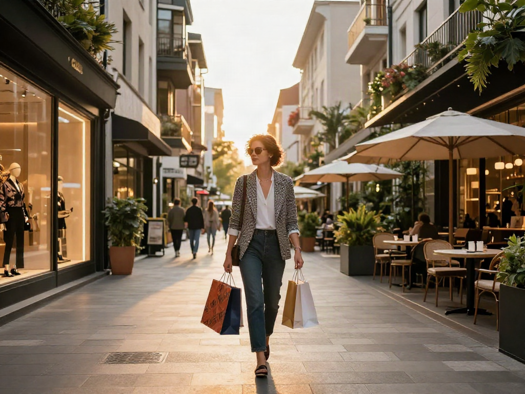 Gaya hidup urban mewah dengan LUXURY111 di jalan belanja<br>yang dikelilingi butik dan kafe modern